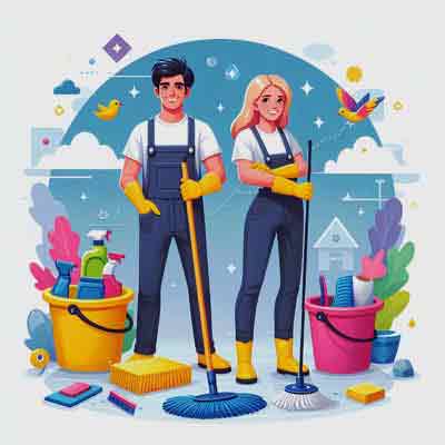 picture of people with mop and bucket in hand.