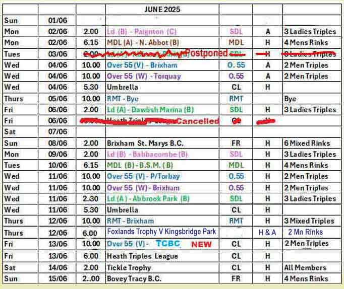 The June Fixture list part 1 image