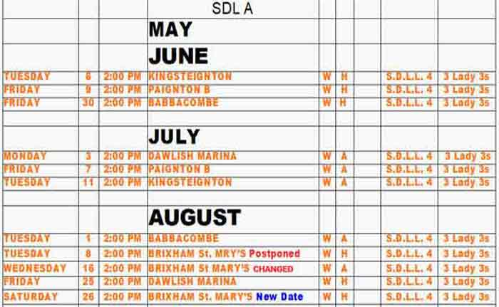 A chart of the ladies games for 2023