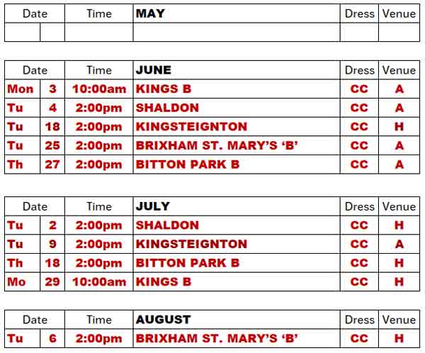 A chart of the ladies games for 2024
