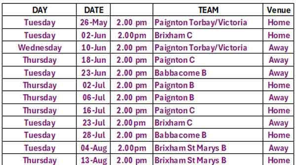 A chart of the ladies B team games for 2026