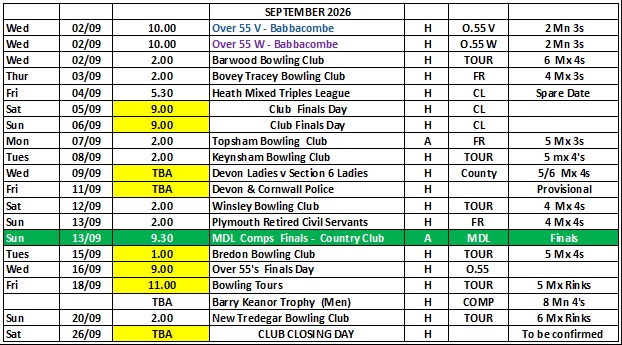 September fixture list